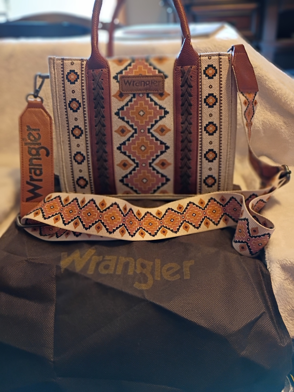 Wrangler Tan and Brown Aztec Jacquard Shoulder Tote